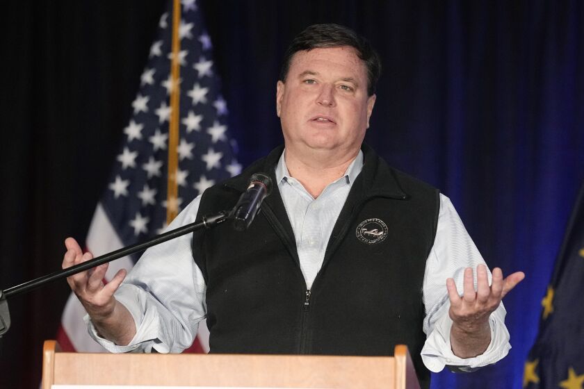 FILE - Indiana Attorney General Todd Rokita speaks during a watch party for Jennifer-Ruth Green, the Republican candidate for Indiana's 1st Congressional District, in Schererville, Ind., Nov. 8, 2022. The fate of the Indiana attorney general’s lawsuit against the social media app TikTok is uncertain after a federal judge lambasted much of the case as “political posturing.” (AP Photo/Darron Cummings, File)