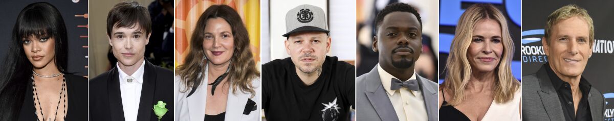 This combination photo of celebrities with birthdays from Fen. 20 - 26 shows Rihanna, from left, Elliot Page, Drew Barrymore, Residente, Daniel Kaluuya, Chelsea Handler, and Michael Bolton. (AP Photo)