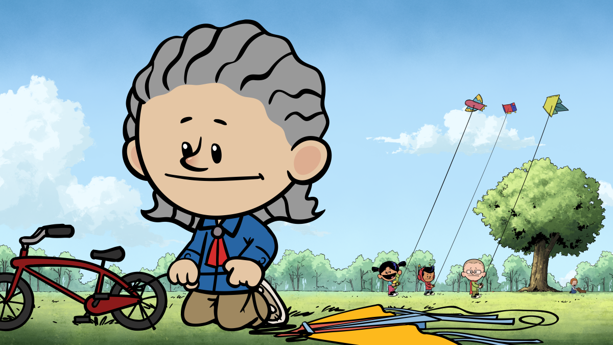 A cartoon version of Temple Grandin kneeling before her bicycle and kite.