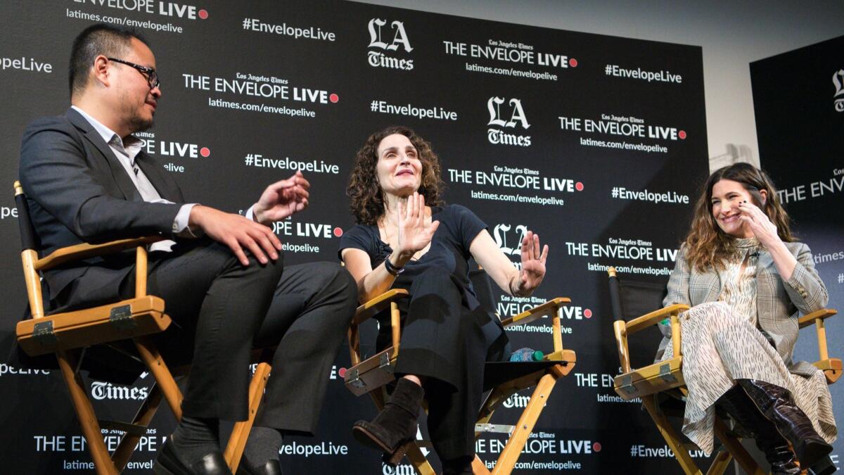 Los Angeles Times film critic Justin Chang moderates a discussion with writer-director Tamara Jenkins, center, and actress Kathryn Hahn at the L.A. Times Envelope Live screening of "Private Life" at The Montalban.