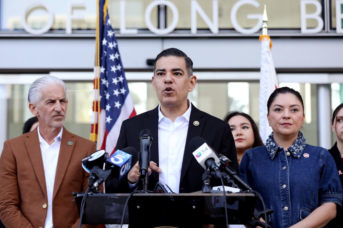 Rep. Robert Garcia speaks at a news conference Friday at the Civic Center in downtown in Long Beach.