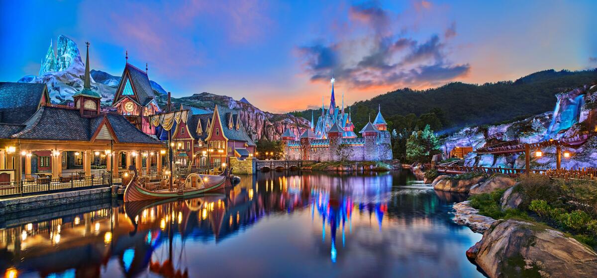 Arendelle, the fictional kingdom in "Frozen," at twilight. 