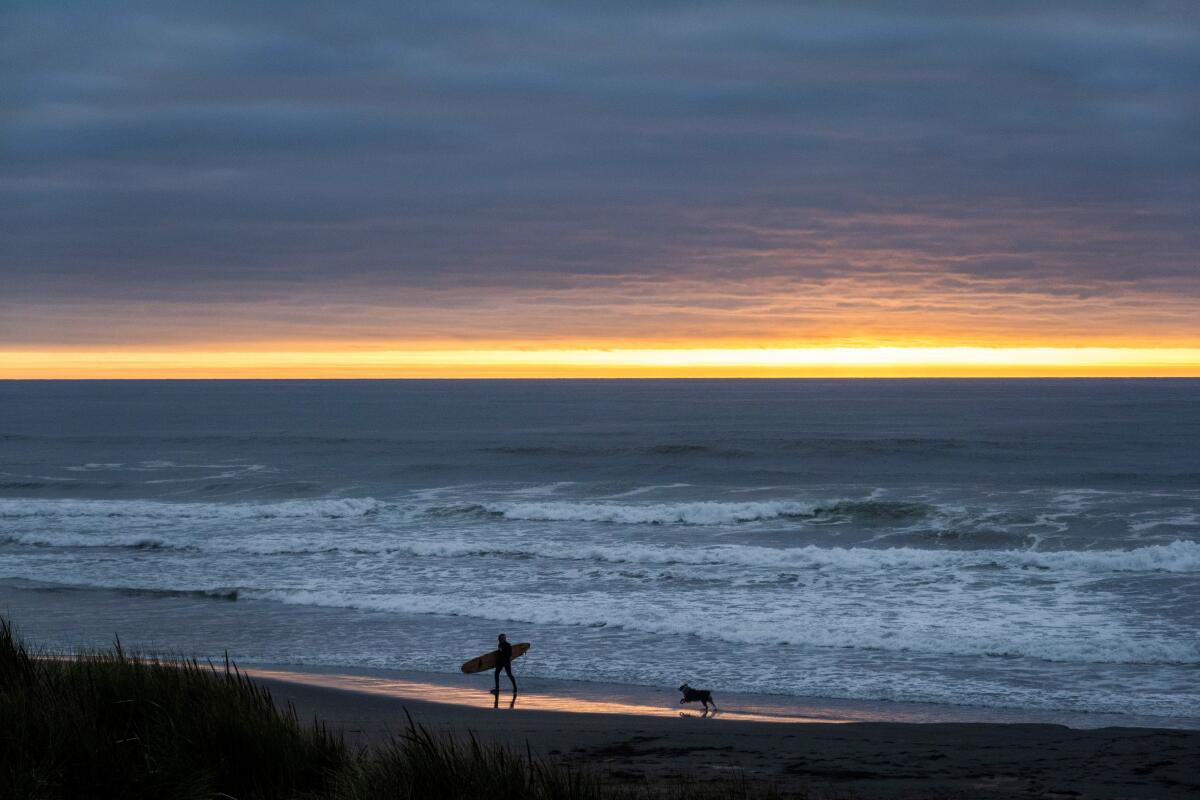 A surfer is seen walking across a shoreline. Along the horizon is a strip of glowing light beneath a lid of clouds.
