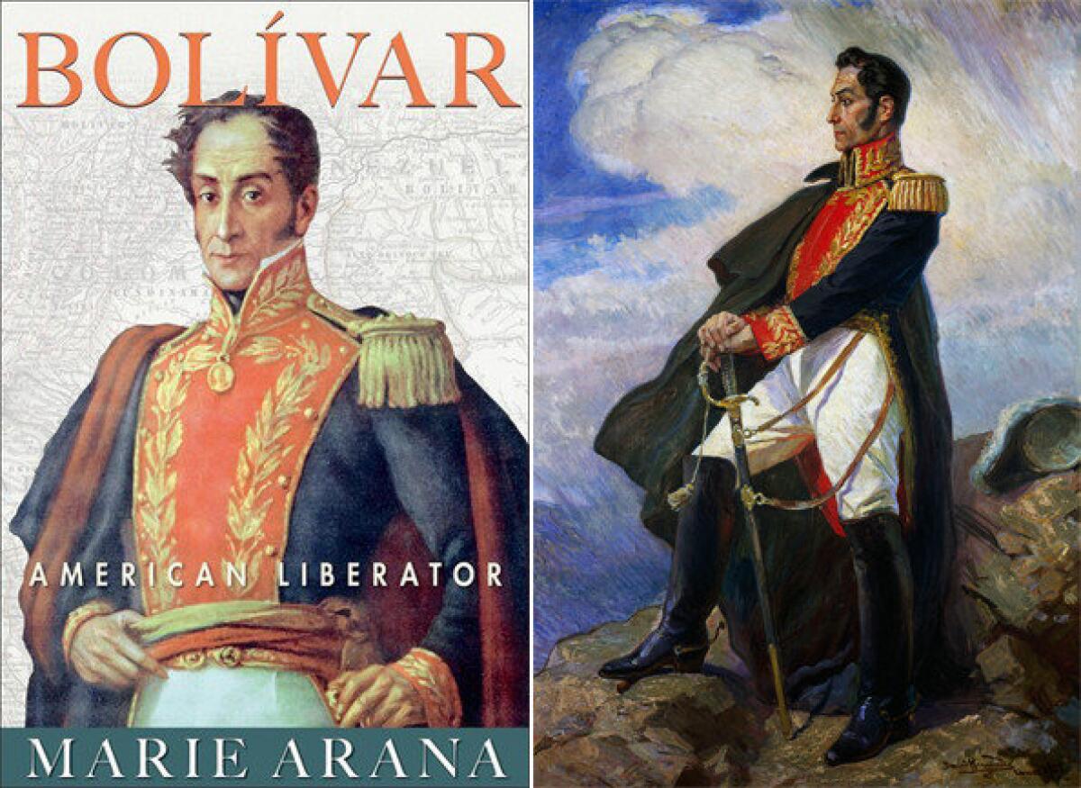 The cover of 'Bolívar: American Liberator' and a painting of Símon Bolívar by Daniel Hernandez at the Museo De Arte in Lima, Peru.