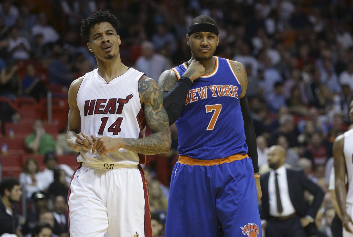 Heat forward Gerald Green (14) reacts after being called for a foul against Knicks forward Carmelo Anthony (7) during the first half.