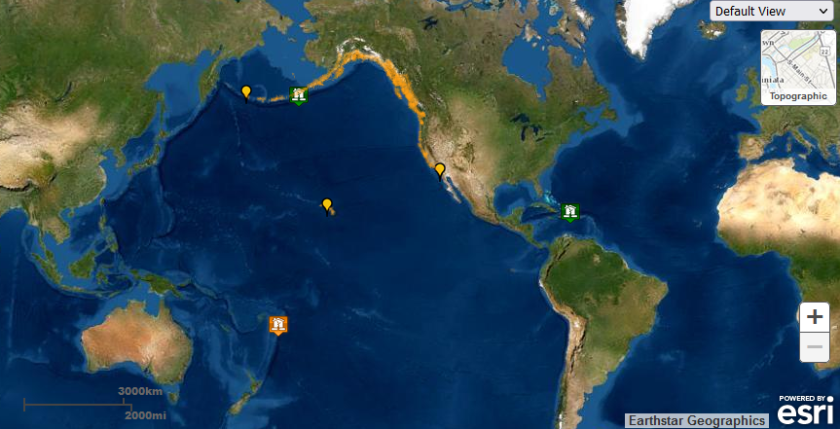 A map of current tsunami advisories from the National Tsunami Warning Center.
