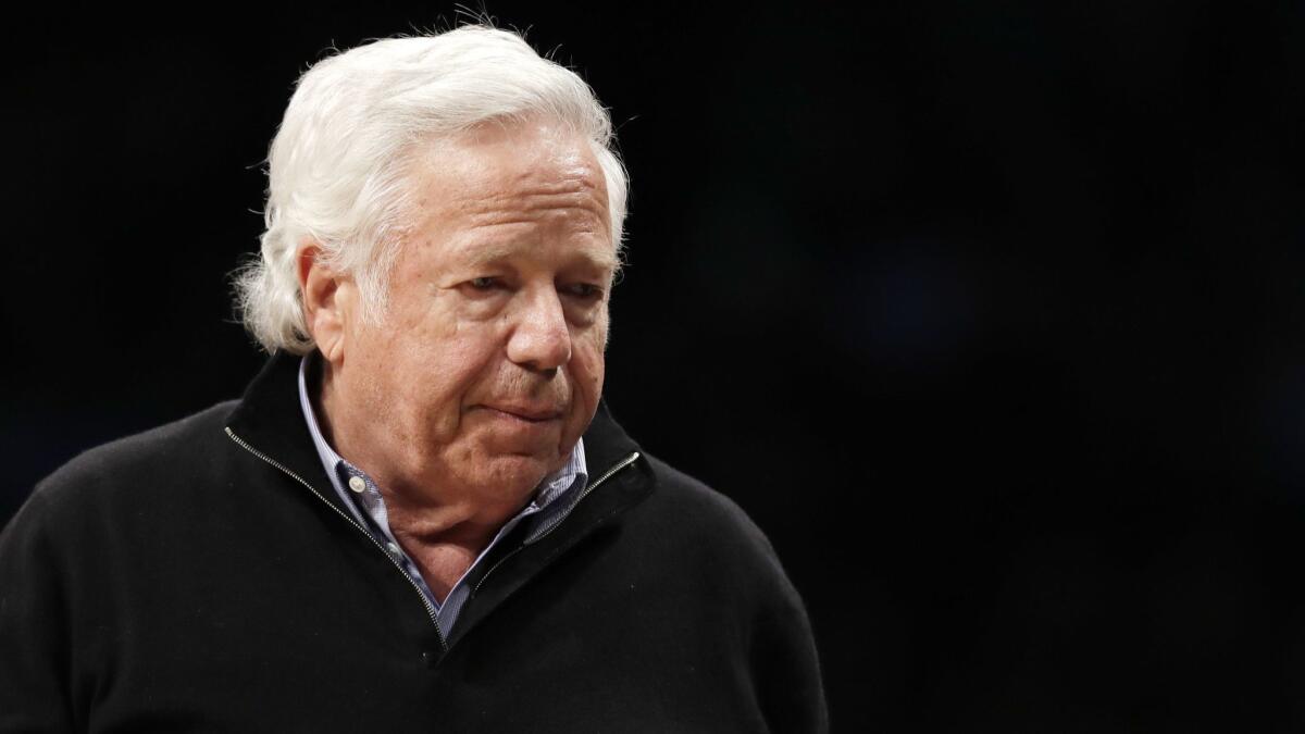 New England Patriots owner Robert Kraft attends a game between the Brooklyn Nets and the Miami Heat in New York on April 10.