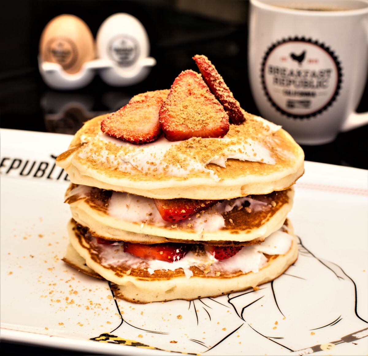 Strawberry cheesecake pancakes at Breakfast Republic.