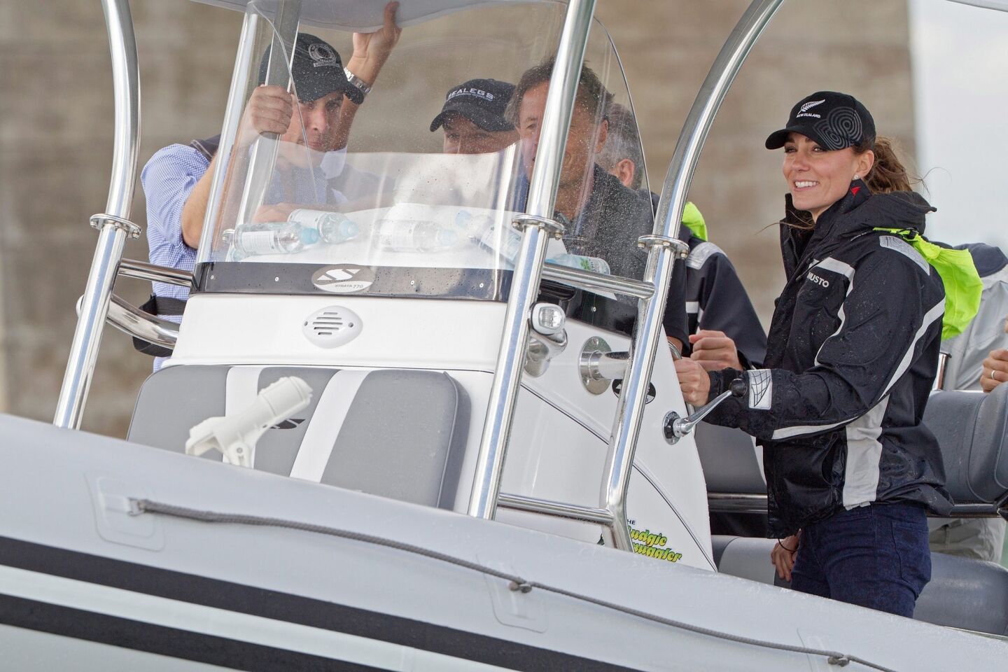Prince William and Catherine take a ride in a Sealegs craft to West Park Marina in Auckland.