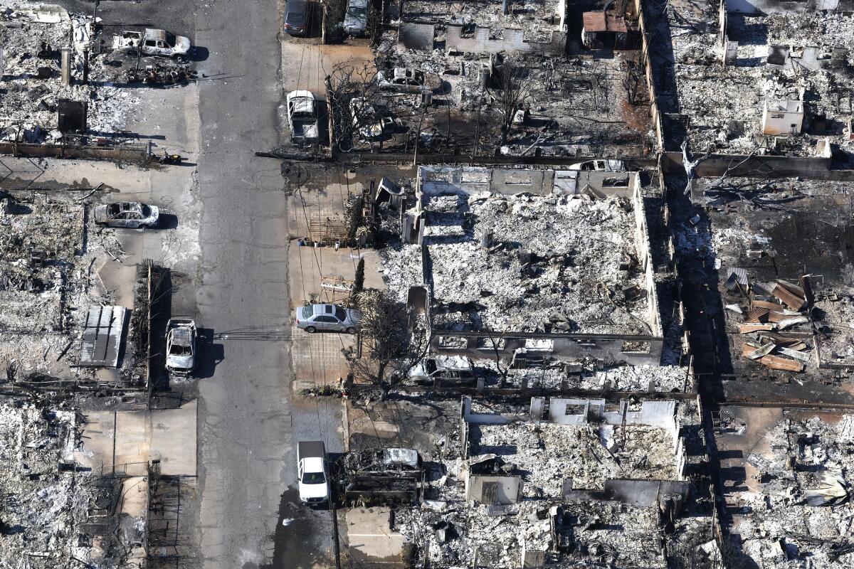 An aerial view of the aftermath of a wildfire that devastated greater 