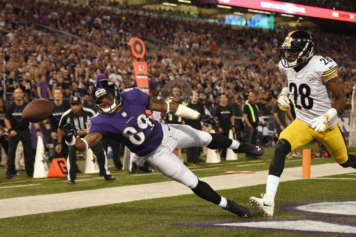 Ravens wide receiver Steve Smith misses a touchdown pass in front of Steelers cornerback Cortez Allen during their game in Baltimore on Sept. 11.