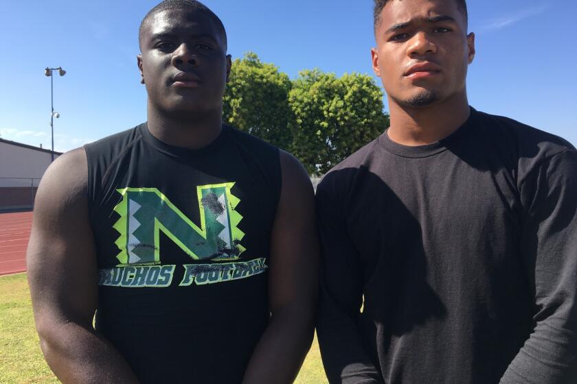 Linebackers Darien Butler (left) and Raymond Scott are juniors to be at Narbonne.