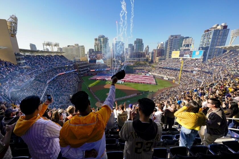 Ad arrives for baseball uniforms in America, beginning with the Padres The San Diego Padres on their 2022 home opening day at Petco Park against the Atlanta Braves.