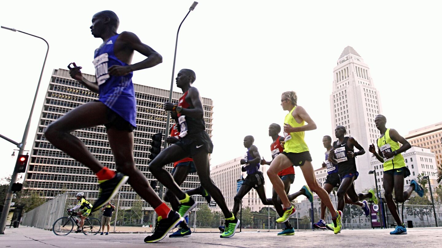 Men's elite runners Los Angeles City Hall in the 30th Los Angeles Marathon.