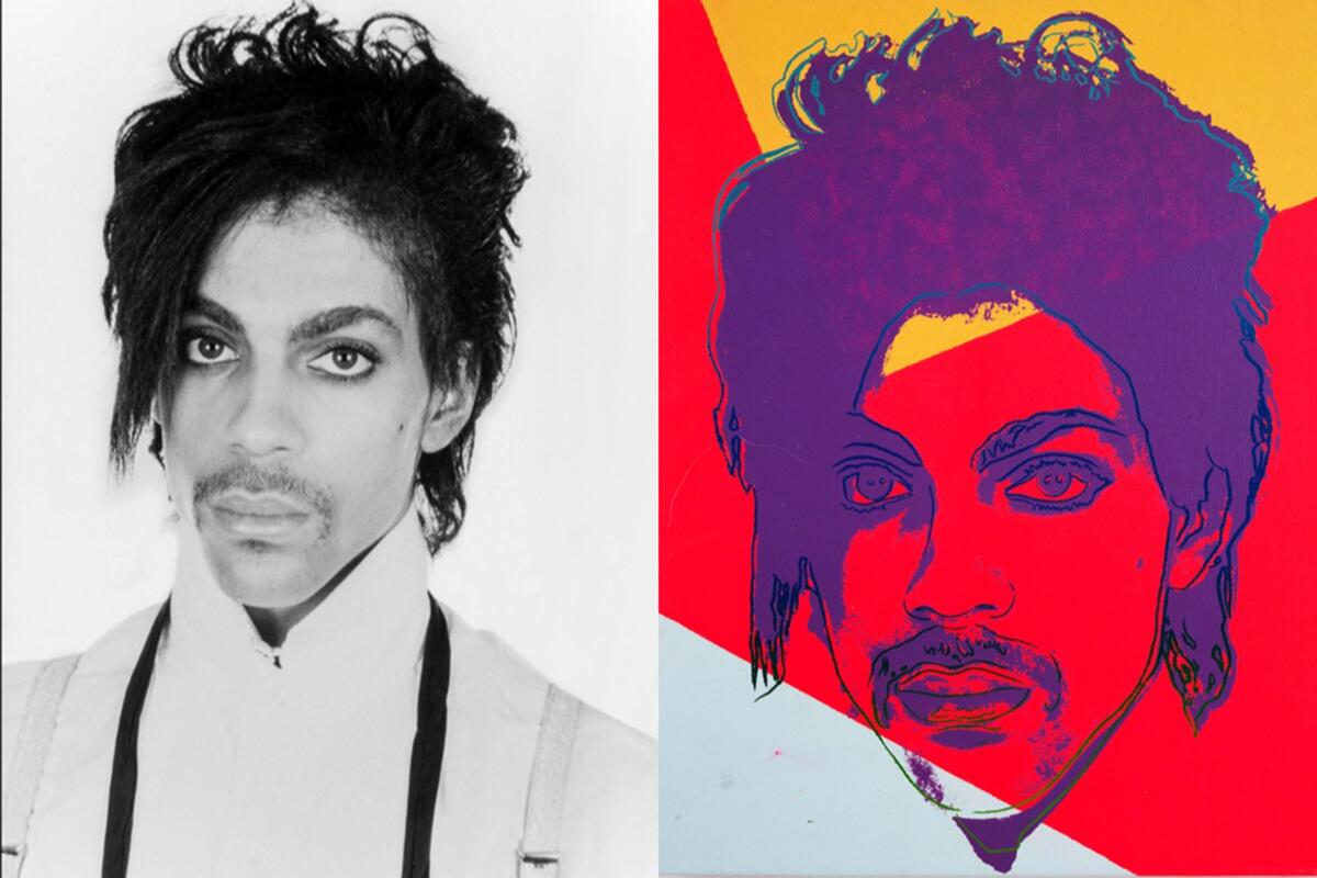 (L) Photographic portrait of Prince by Lynn Goldsmith; (R) Prince by Andy Warhol.