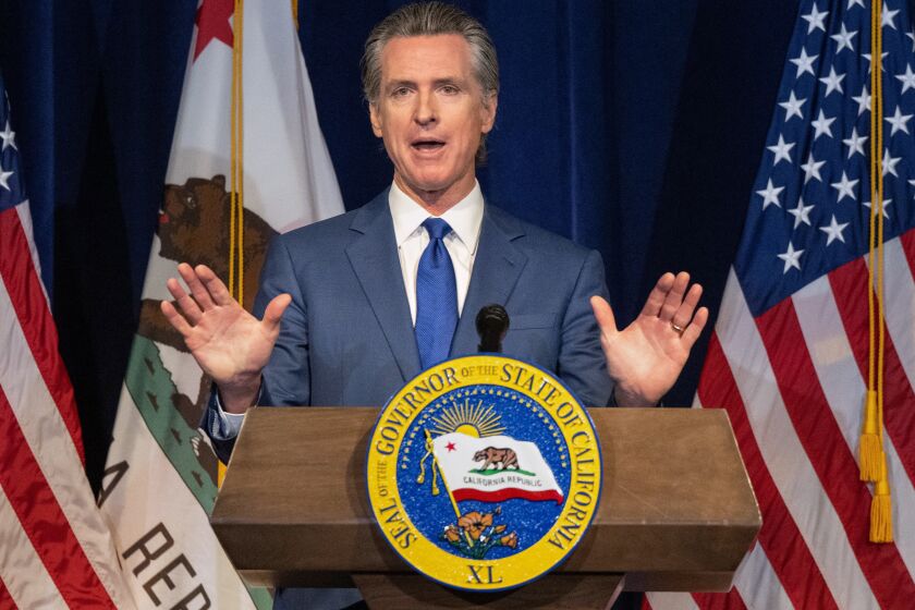 Gov. Gavin Newsom announces the May budget revision in Sacramento on Friday, May 12, 2023.