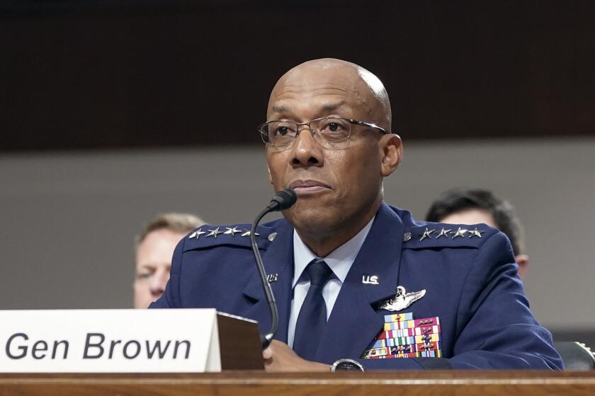 FILE - Air Force Gen. CQ Brown, testifies during a Senate Armed Services Committee hearing July 11, 2023, on Capitol Hill in Washington. The Senate has confirmed Brown as the next chairman of the Joint Chiefs of Staff, putting him in place to succeed Gen. Mark Milley when he retires at the end of the month. (AP Photo/Mariam Zuhaib, File)