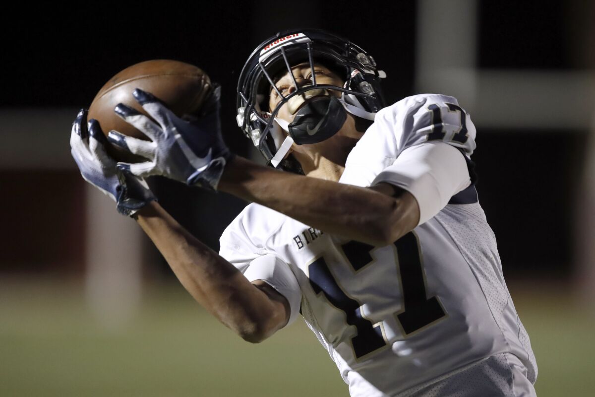 Birmingham wide receiver Peyton Waters catches a touchdown pass against San Pedro.