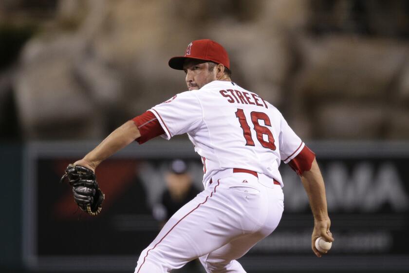 Angels closer Huston Street pitches against the Minnesota Twins during the ninth inning of a game on July 22.