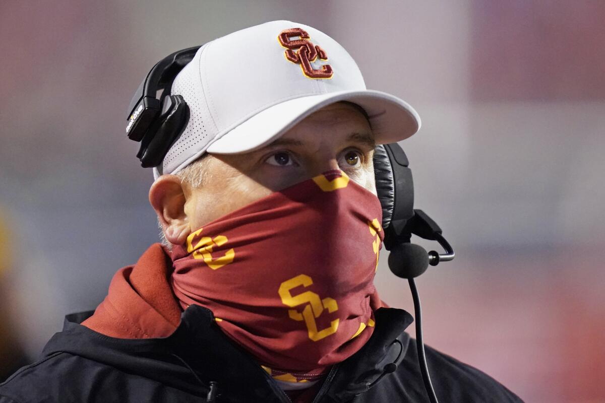 USC coach Clay Helton in the first half against Utah on Nov. 21.