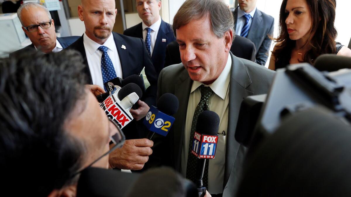 Craig Lally, president of the Los Angeles Police Protective League, speaks to reporters at a June 2015 Police Commission meeting, the board's first since handing down its controversial ruling in the shooting of Ezell Ford.