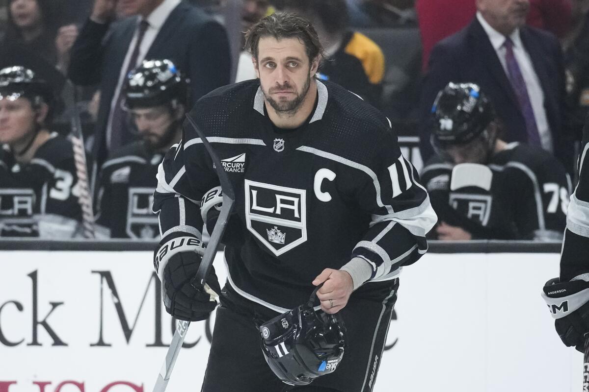 Kings center Anze Kopitar takes the ice before his record-setting game against the Bruins.