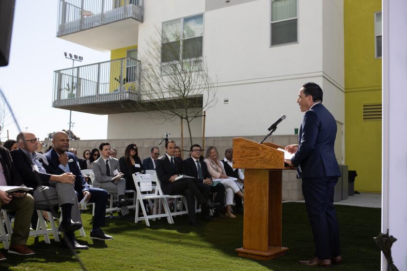 Mayor Todd Gloria speaks at the grand opening of the Amanecer apartments, an affordable housing complex that has 94 units, in Linda Vista on Thursday, April 6, 2023.