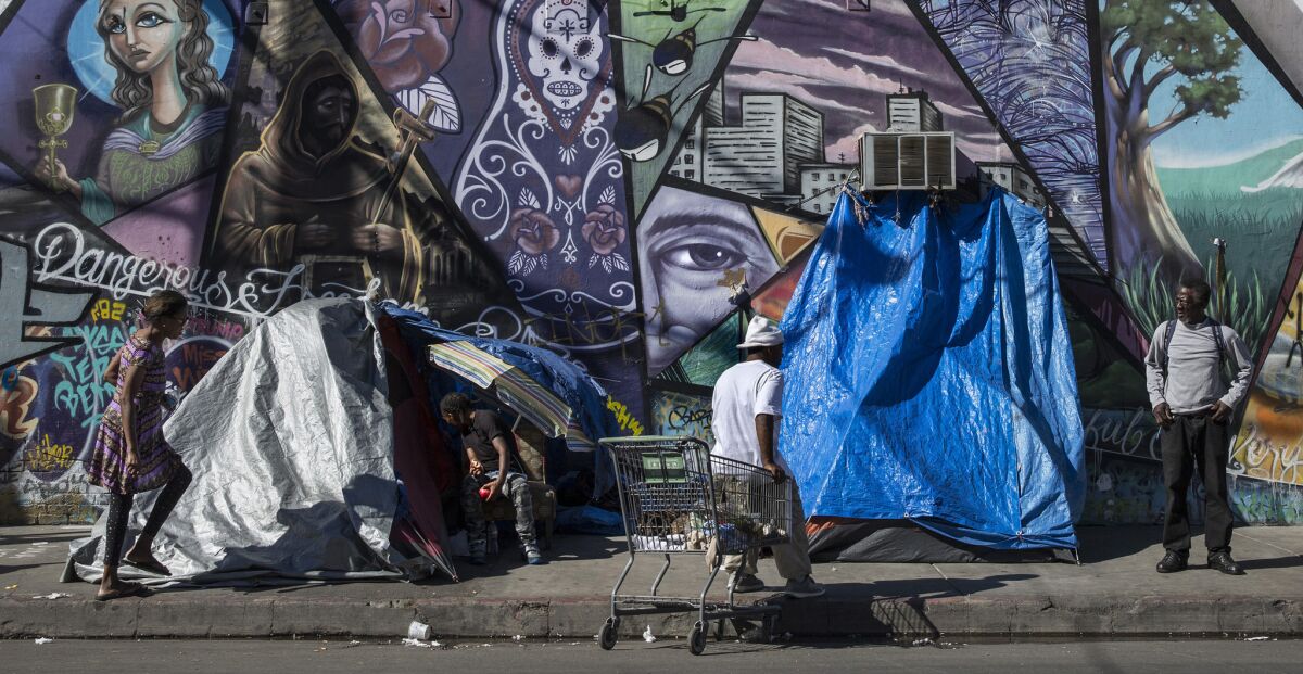 Homeless people and their tents on Stanford Avenue on skid row this week in downtown Los Angeles.