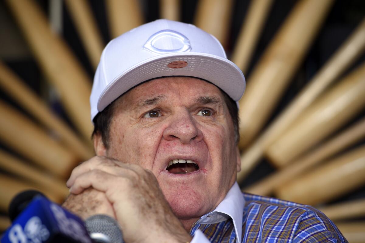 Former baseball player and manager Pete Rose speaks at a news conference, Tuesday, Dec. 15, 2015, in Las Vegas, after Major League Baseball commissioner Rob Manfred announced Monday that he had rejected Rose's plea for reinstatement. Rose agreed to the ban in August 1989 after an investigation found that he had bet on the game while he was a manager for the Cincinnati Reds. (AP Photo/Mark J. Terrill)