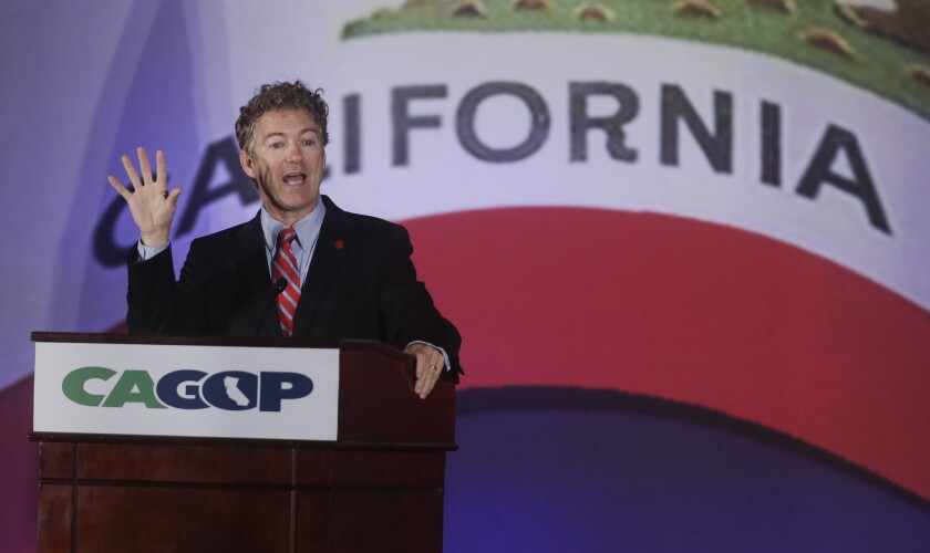 Sen. Rand Paul (R-Ky.) speaks Saturday at the state GOP convention near Los Angeles International Airport.