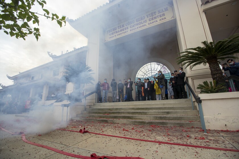 Hundreds of firecrackers go off to celebrate the Lunar New Year.