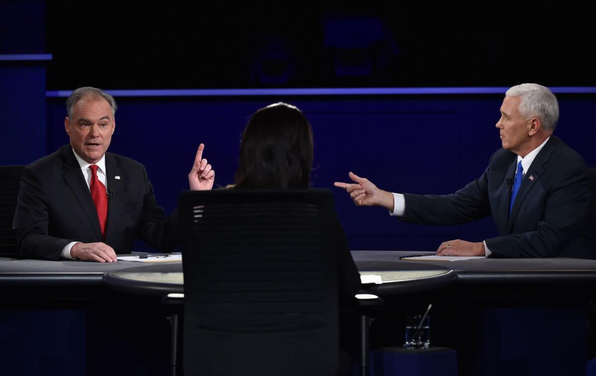 Democratic vice presidential candidate Tim Kaine and Republican vice presidential candidate Mike Pence during the debate.