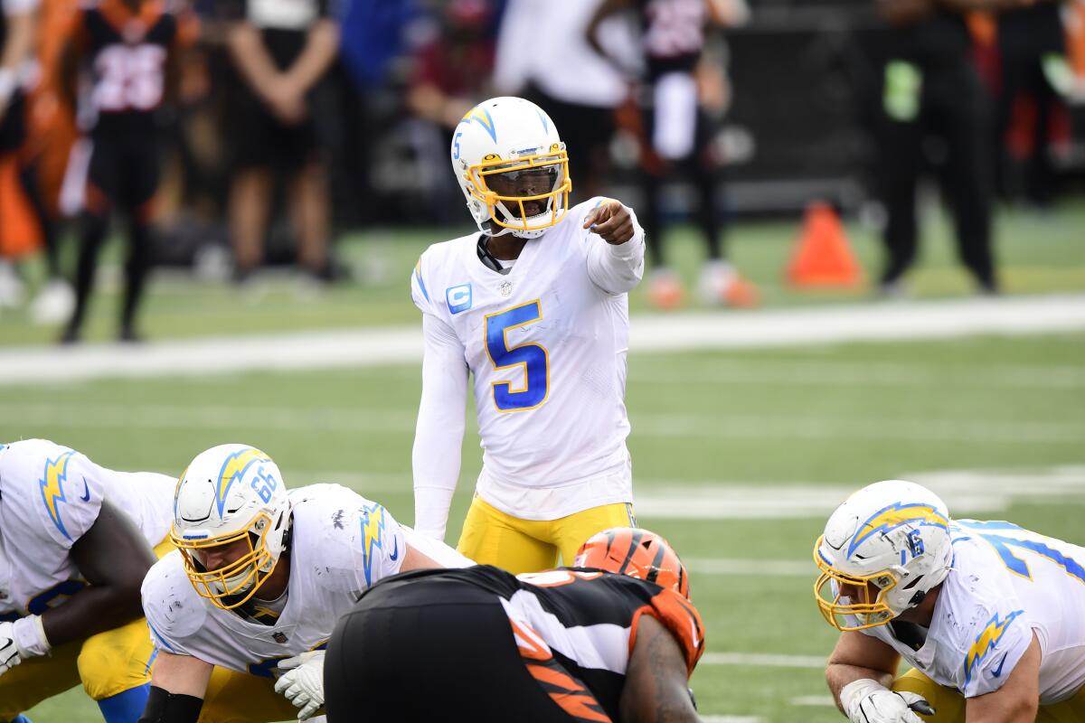 Los Angeles Chargers quarterback Tyrod Taylor calls a play against the Cincinnati Bengals on Sept. 13.