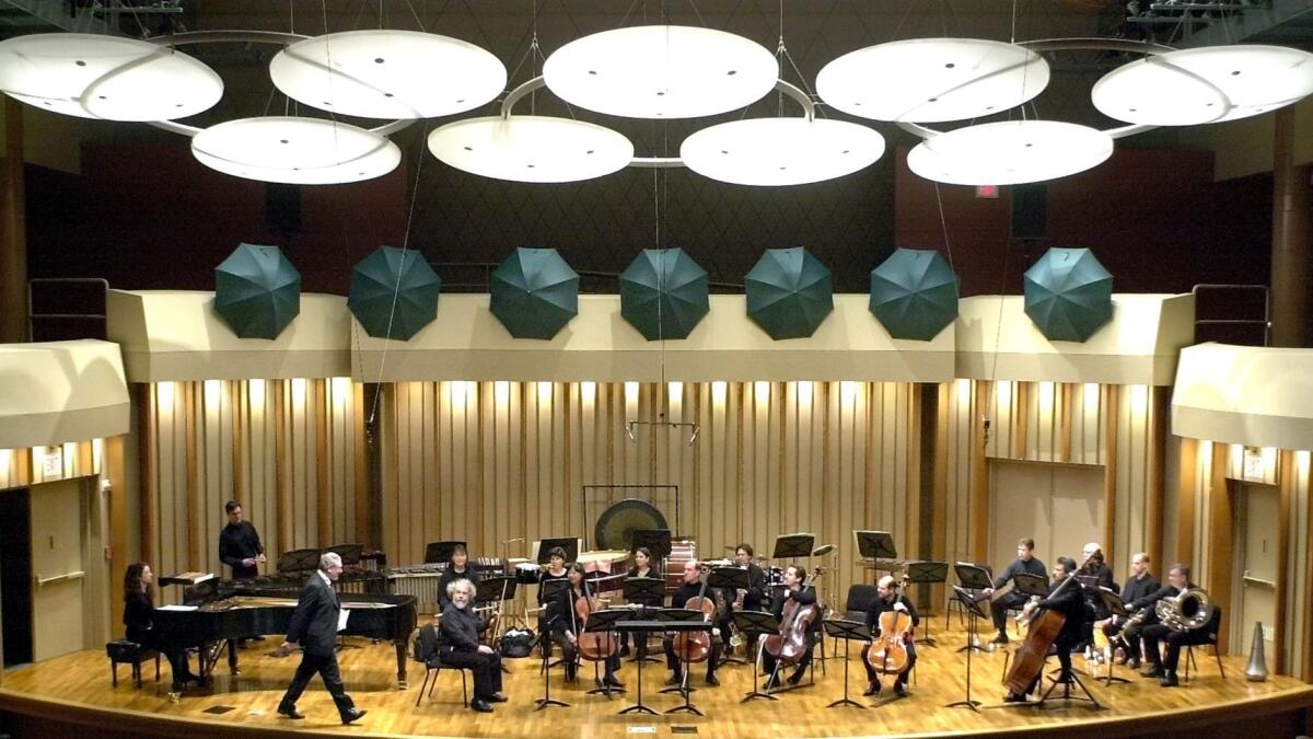 The Green Umbrella concert at the Colburn School of Performing Arts featured the Los Angeles Philharmonic New Music Group conducted by HK Gruber, shown walking onto the stage at left.