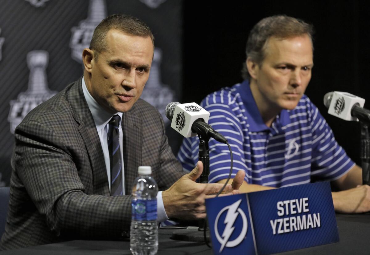 Tampa Bay General Manager Steve Yzerman and Lightning Coach Jon Cooper speak during media day Tuesday ahead of the Stanley Cup Final.