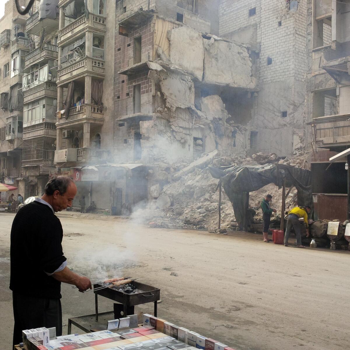 In Aleppo, Syria's largest city, a kebab vendor works in the midst of a destroyed building. As Syria's war rages on, Aleppo is a city under gradual demolition, with a shrinking civilian population struggling to survive.