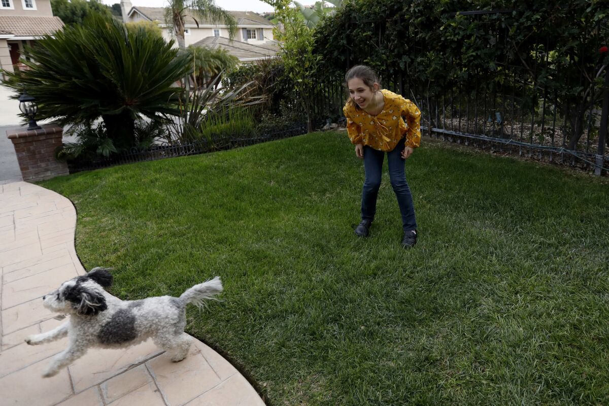 Mia Turel plays with her dog Lamar after school. (Francine Orr / Los Angeles Times)