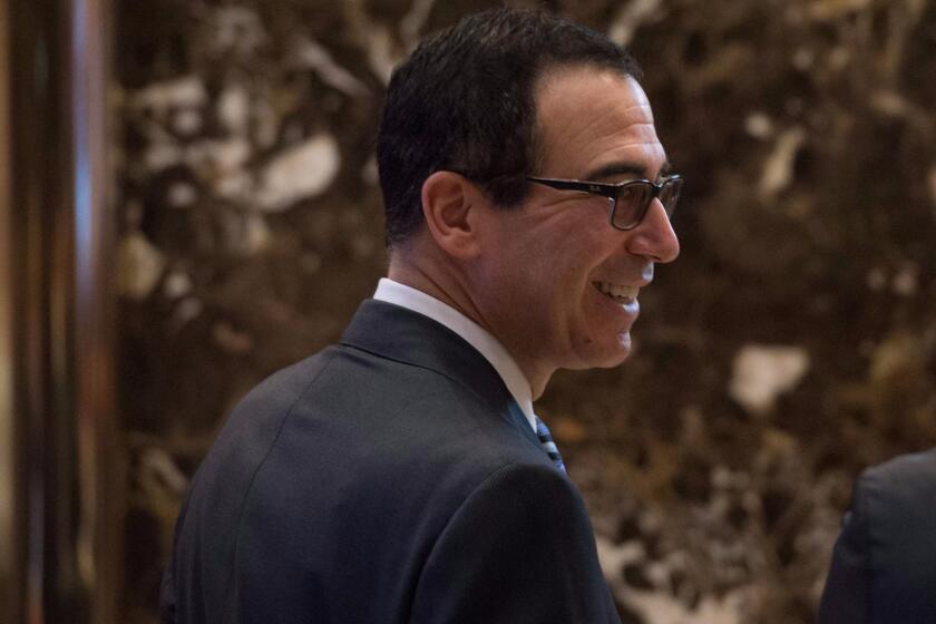 Steven Mnuchin, President-elect Donald Trump's nominee for Treasury secretary, visits Trump Tower in New York on Dec. 1.