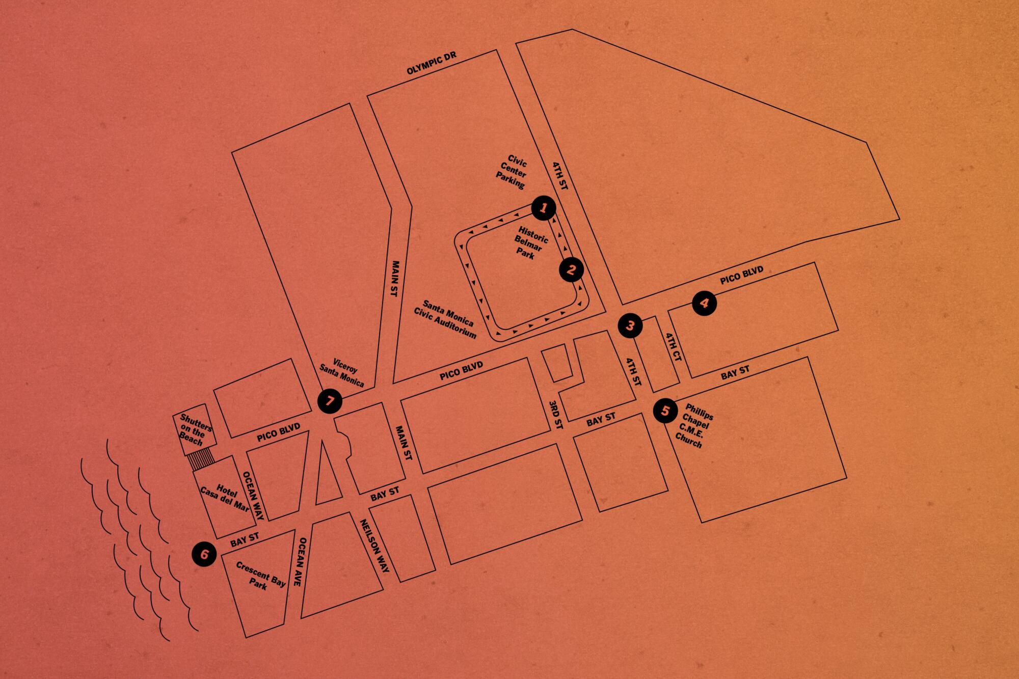 Map highlighting key moments in Santa Monica's Black history.