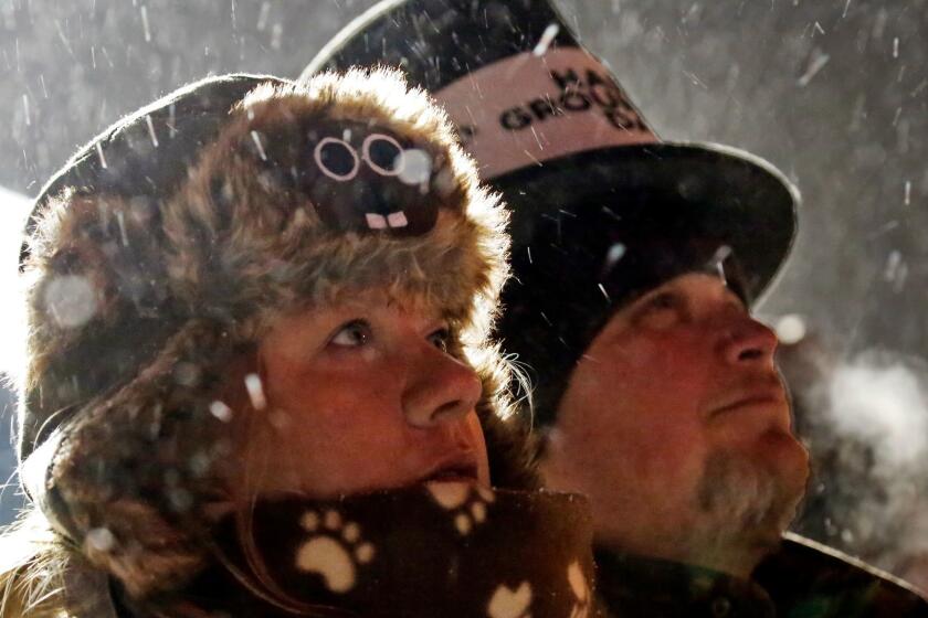 Jackie and Jimmy Wilson watch a fireworks display during the 132nd Groundhog Day on Gobbler's Knob in Punxsutawney, Pa. Friday, Feb. 2, 2018. (AP Photo/Gene J. Puskar)