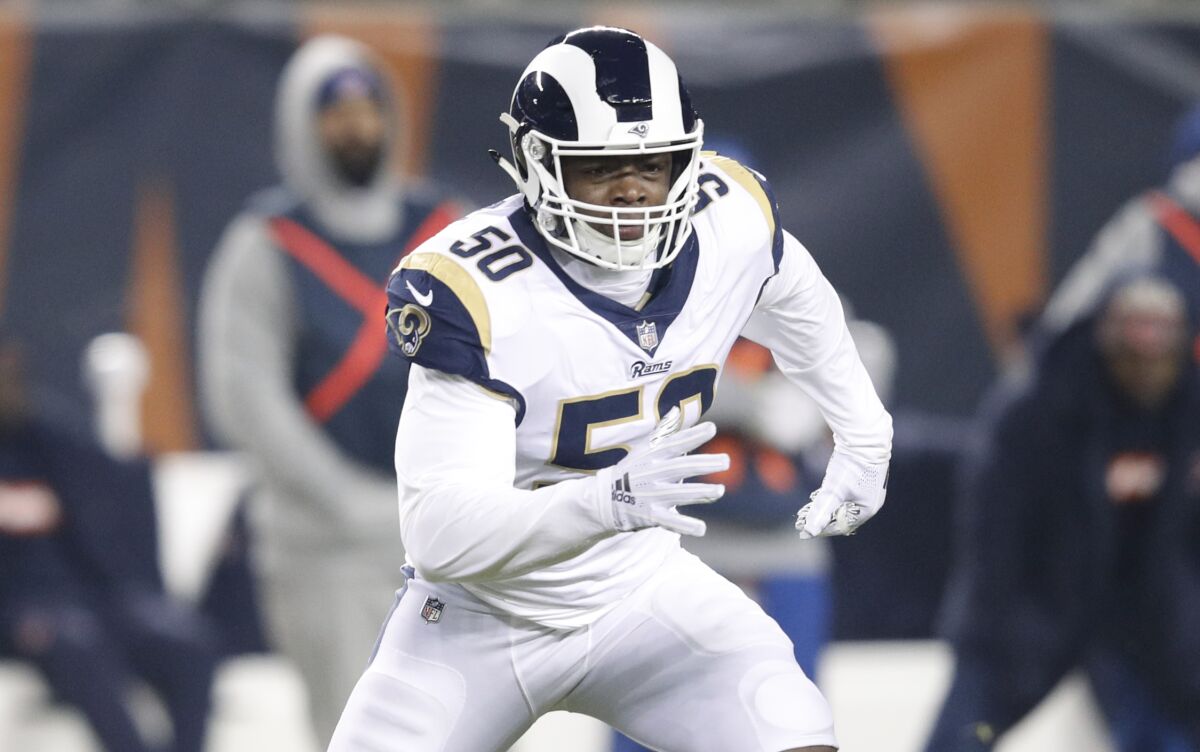 Rams linebacker Samson Ebukam chases after the ball during a game against the Chicago Bears in December.