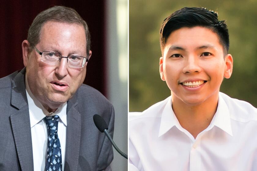 Diptych of candidates for city controller Paul Koretz, left, and Kenneth Mejia.