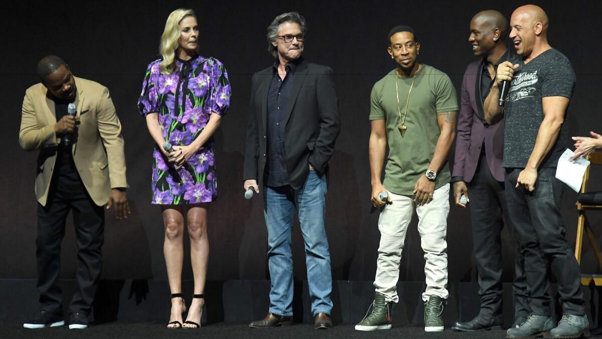 Director F. Gary Gray, actors Charlize Theron, Kurt Russell, Ludacris, Tyrese Gibson and Vin Diesel at Universal Pictures' presentation for "The Fate of the Furious" at CinemaCon 2017 on Wednesday.