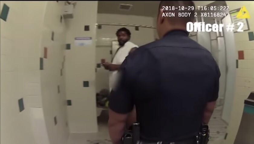 Footage from LAPD body cam shows Albert Ramon Dorsey in the gym locker room in Hollywood.
