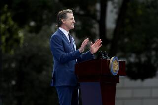 SACRAMENTO, CA - JANUARY 06: Gov. Gavin Newsom gives the inaugural address after taking the oath of office being sworn in by Chief Justice Patricia Guerrero, at his inauguration ceremony at the Capitol Mall on Friday, Jan. 6, 2023 in Sacramento, CA. Gov. Gavin Newsom celebrated the start of his second term Friday on the second anniversary of the attack on the U.S. Capitol. The Inauguration of Governor Gavin Newsom, Fortieth Governor of the State of California. Swearing-in Ceremony and Inaugural Address inauguration. (Gary Coronado / Los Angeles Times)
