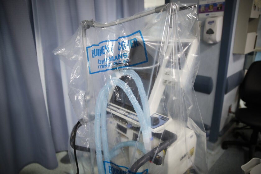A ventilator waits to be used for a COVID-19 patient going into cardiac arrest at St. Joseph's Hospital in Yonkers, N.Y., last month.