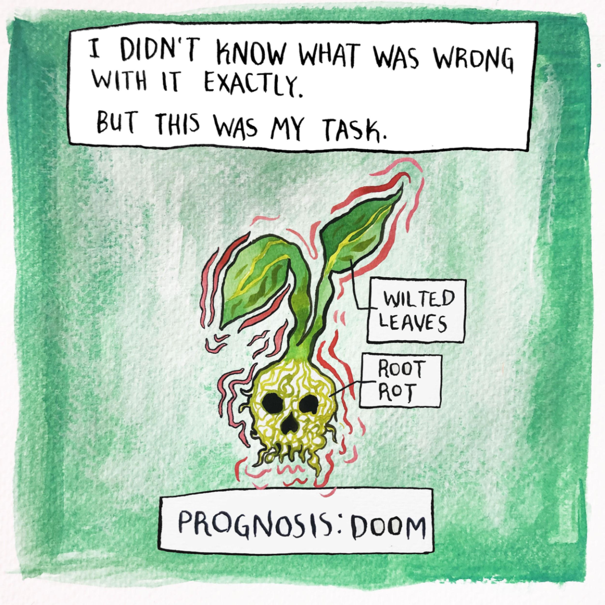 "I don't know what was wrong with it exactly. But this was my task. Wilted leaves, root rot. Prognosis: doom."