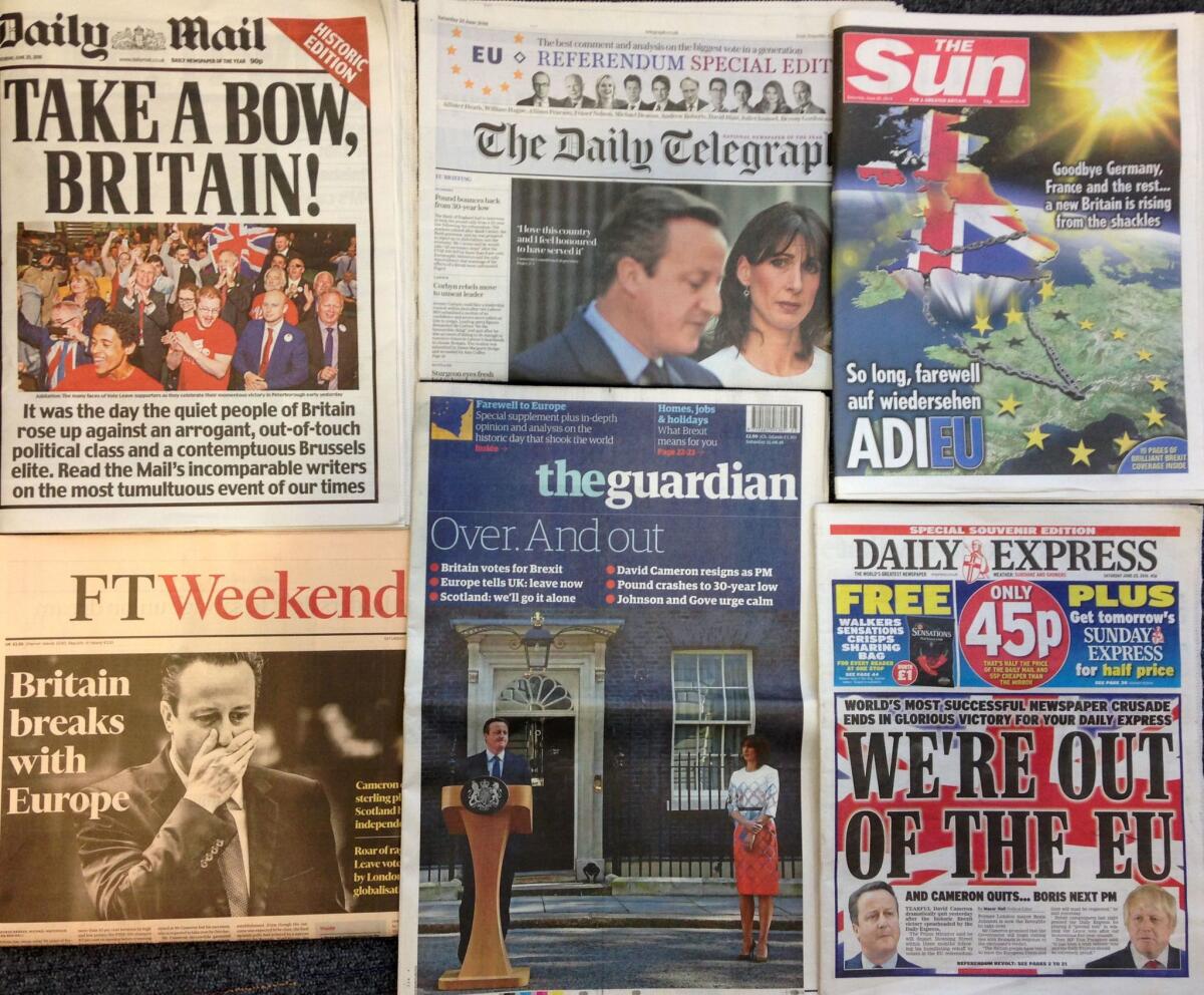 British newspapers tout the country's referendum to exit the European Union.