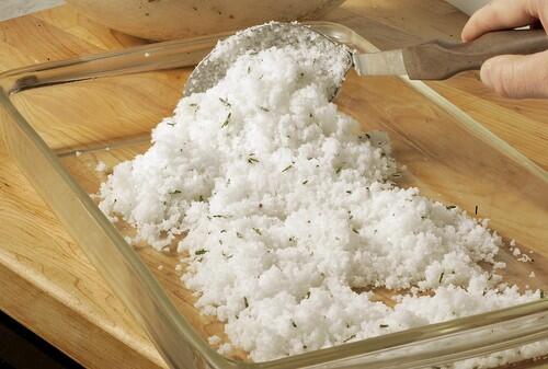 Mix the salt and water until it resembles slushy snow. Add chopped rosemary if you wish.