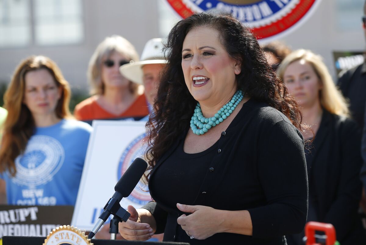 Assemblywoman Lorena Gonzalez speaks at a news conference in August in San Diego